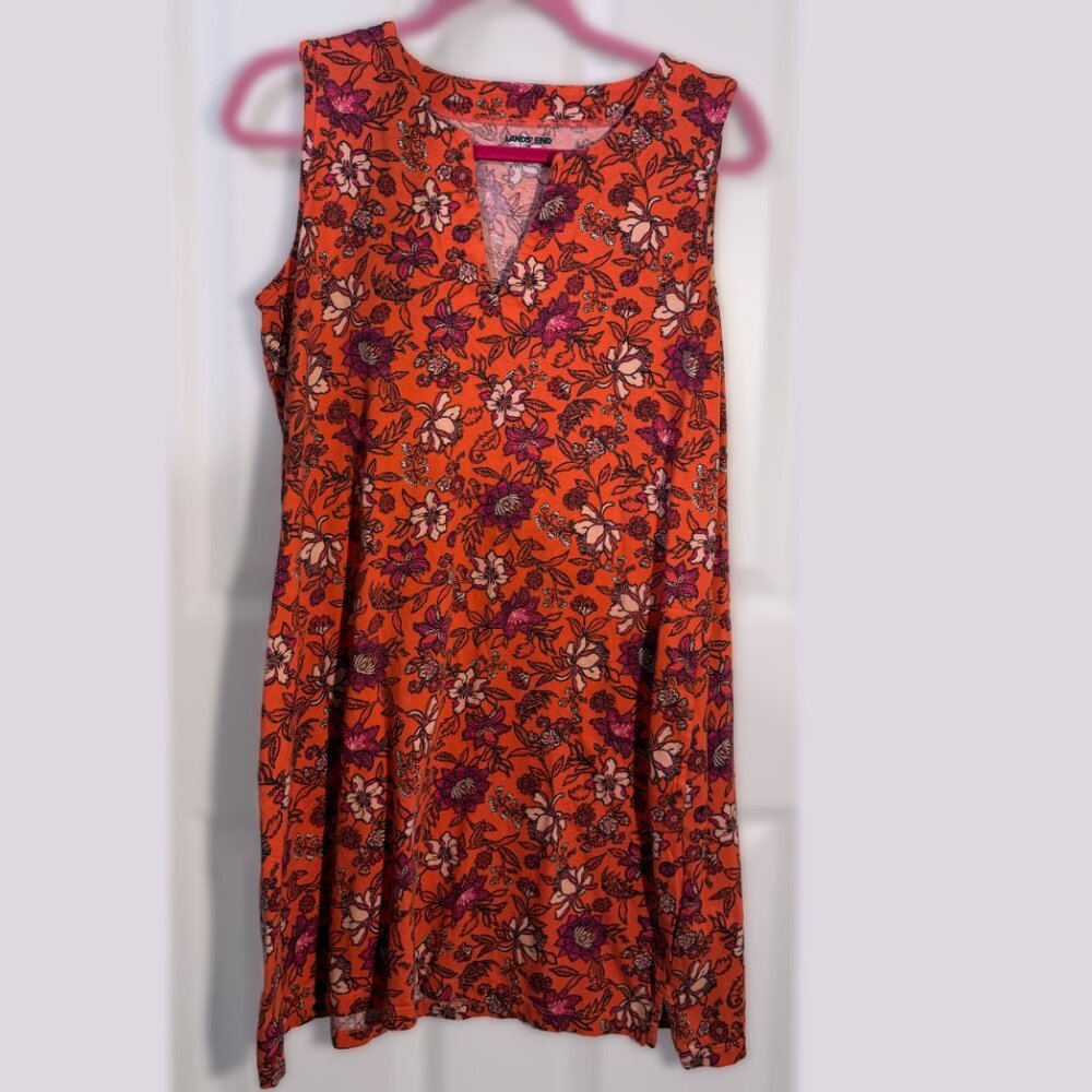Lands End Women’s Medium Orange/Salmon Floral Cotton Jersey Sleeveless Cover‎ Up
